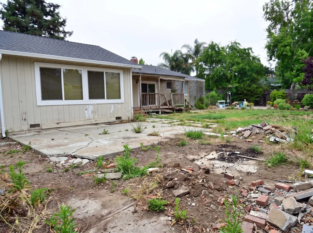Before - cracked and settled backyard concrete slab with no shade structure