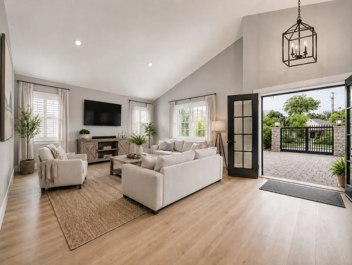 After - opened living area with a new structural header, lighting, flooring and cabinetry