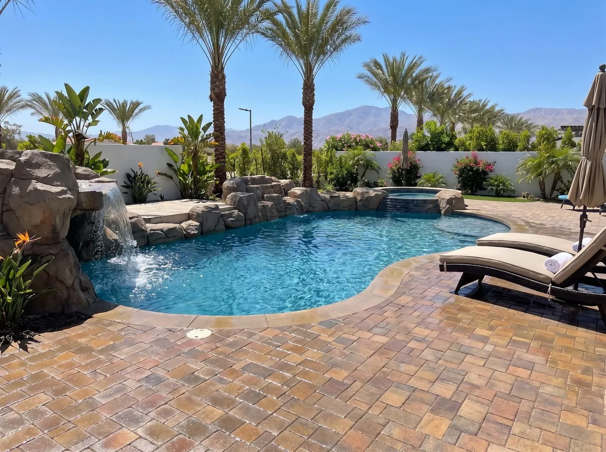 After - resurfaced pool shell with new waterline tile, coping and replaced concrete deck