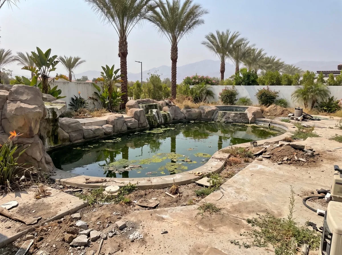 Before - failed pool plaster and spalling concrete pool deck