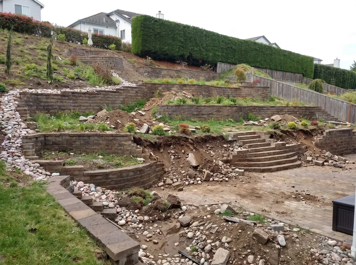 Before - leaning masonry retaining wall with no drainage behind it