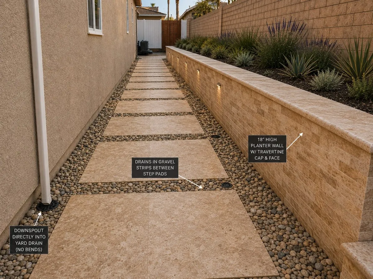 After - site regraded to positive fall with new area drains and a solid outlet line to daylight