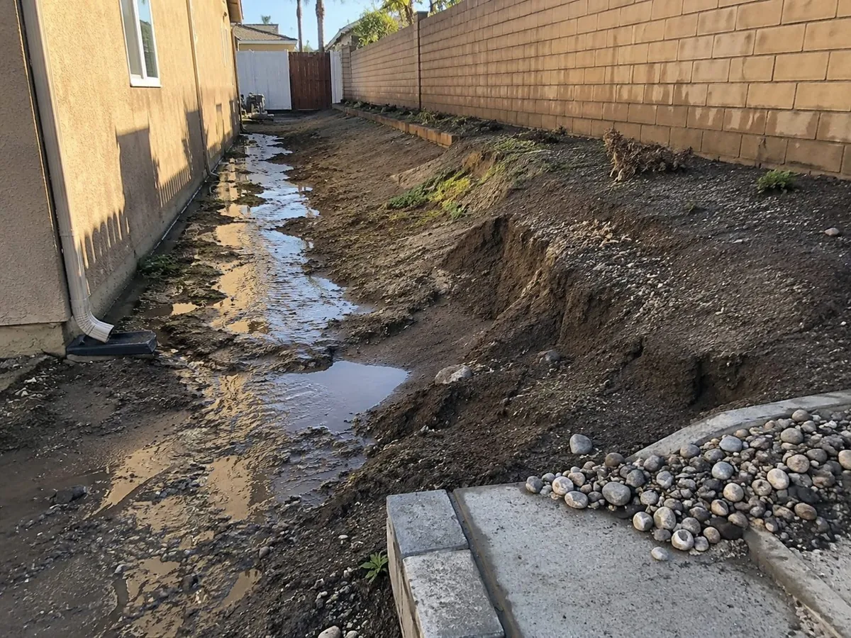 Before - yard graded toward the foundation, holding standing water after rain